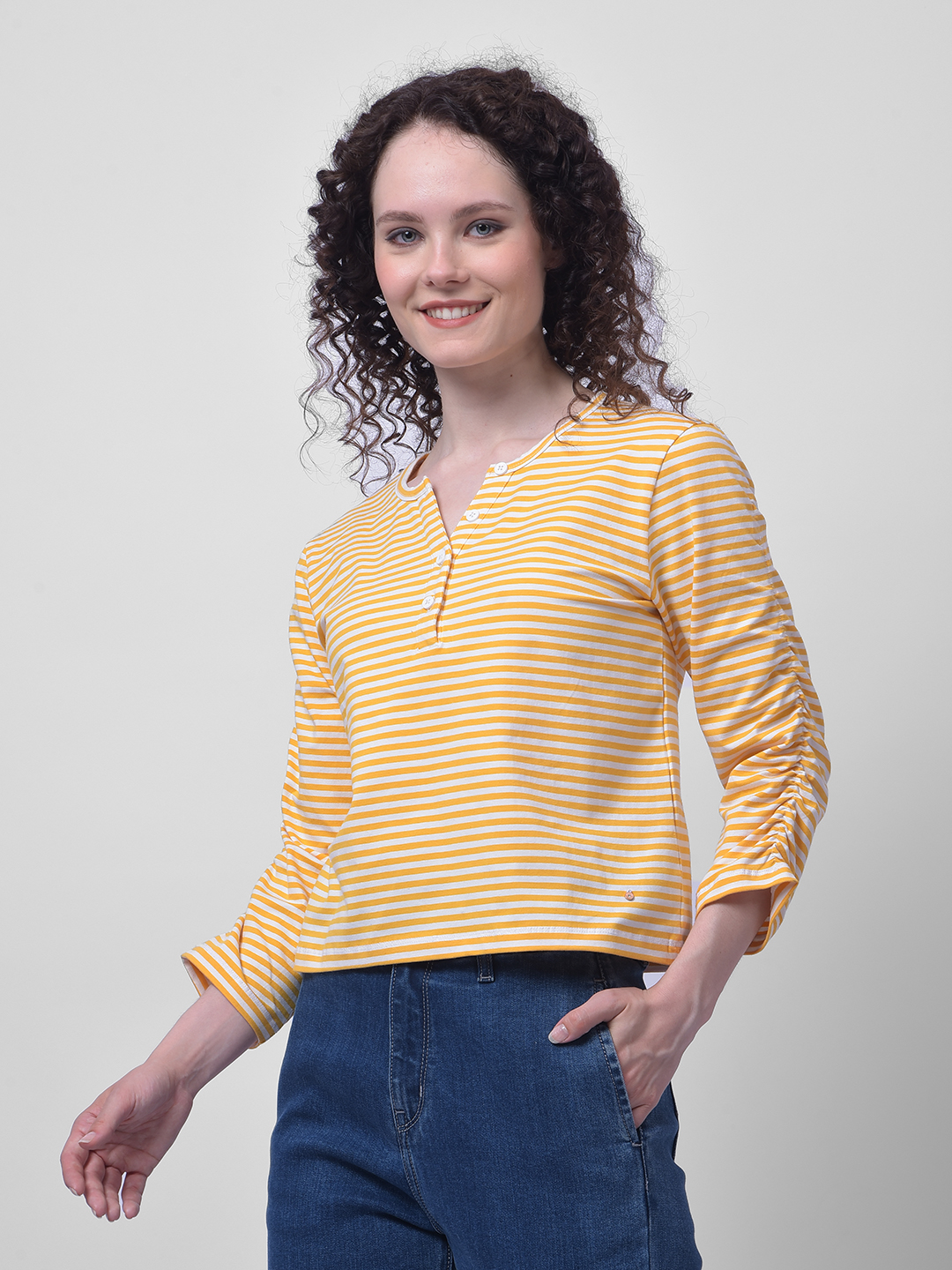 Numero Uno Women Yellow & White Striped Henley Top